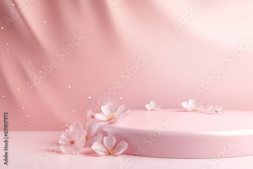Minimal pink product podium with petals falling for beauty, cosmetic product presentation.Created with Generative AI technology
