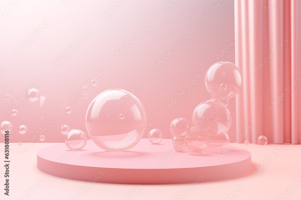 Minimal pink product podium with soap bubbles.Minimal background for products,cosmetic presentation.Created with Generative AI technology