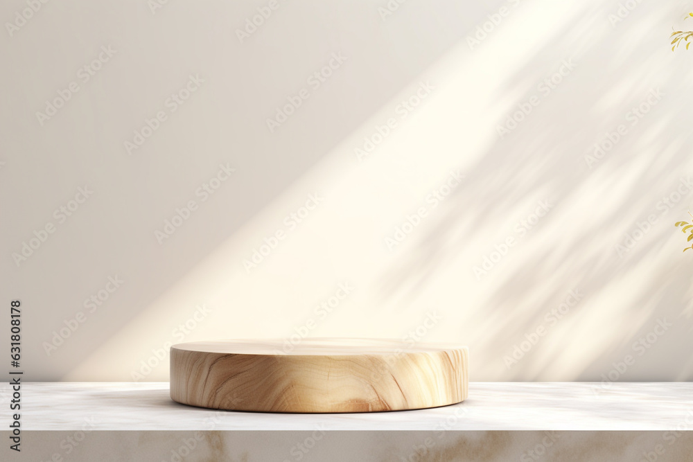 Close up of Empty minimal natural wooden table counter podium with stone white wall .Minimal background for products presentation.Created with Generative AI technology Close up of Empty minimal natural wooden table counter podium with stone white wall .Minimal background for products presentation.Created with Generative AI technology