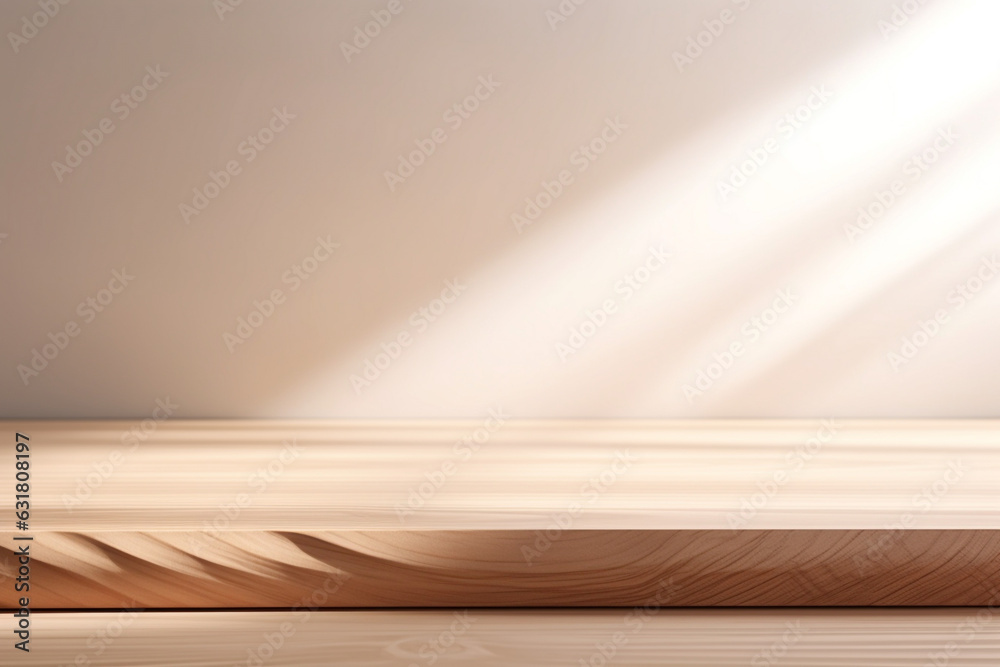 Close up of Empty minimal natural wooden table counter podium with stone white wall .Minimal background for products presentation.Created with Generative AI technology
