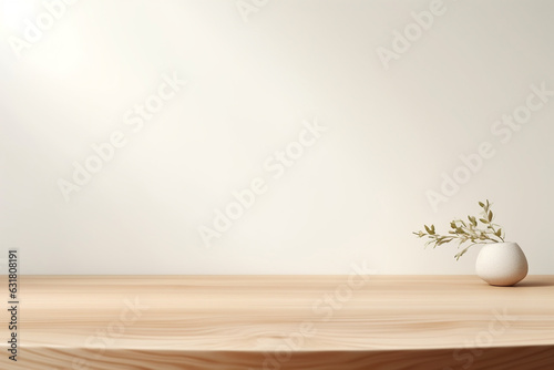 Close up of Empty minimal natural wooden table counter podium with stone white wall .Minimal background for products presentation.Created with Generative AI technology