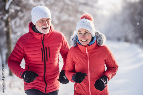 Unrecognizable senior couple jogging in snowy winter nature