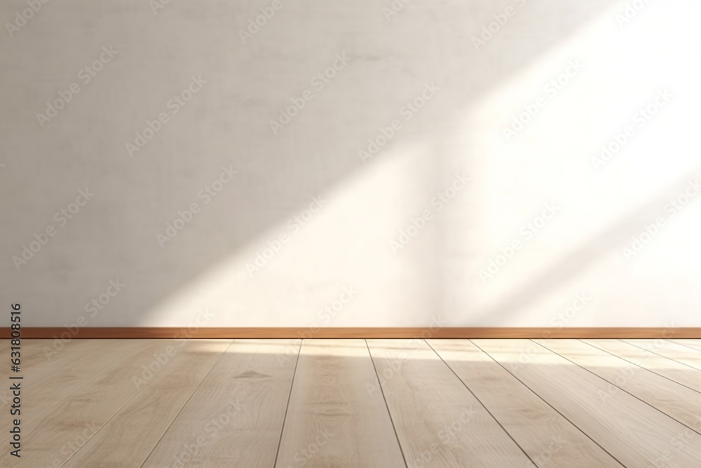 Minimal model empty white room with wood floor and light from windows.modern,Minimal background for products presentation.Created with Generative AI technology