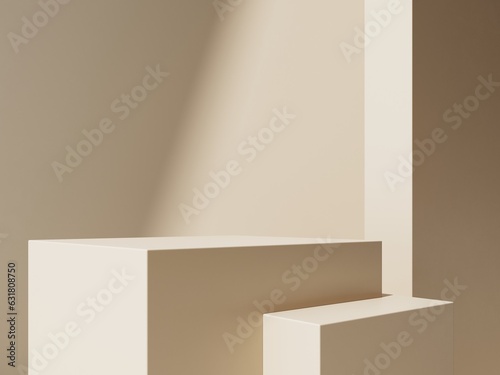 Podium, stand on pastel light stucco background. Unobtrusive background with plant and shadow on the wall -3D render.Mock up for exhibitions, presentation of products, therapy, relaxation and health. 