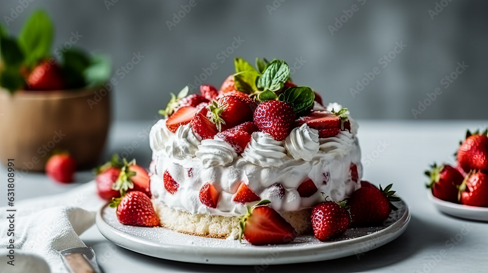 Strawberry cake with wrapped cream and fresh strawberries on a grey background. Generative AI technology. Strawberry cake with wrapped cream and fresh strawberries on a grey background. Generative AI technology.