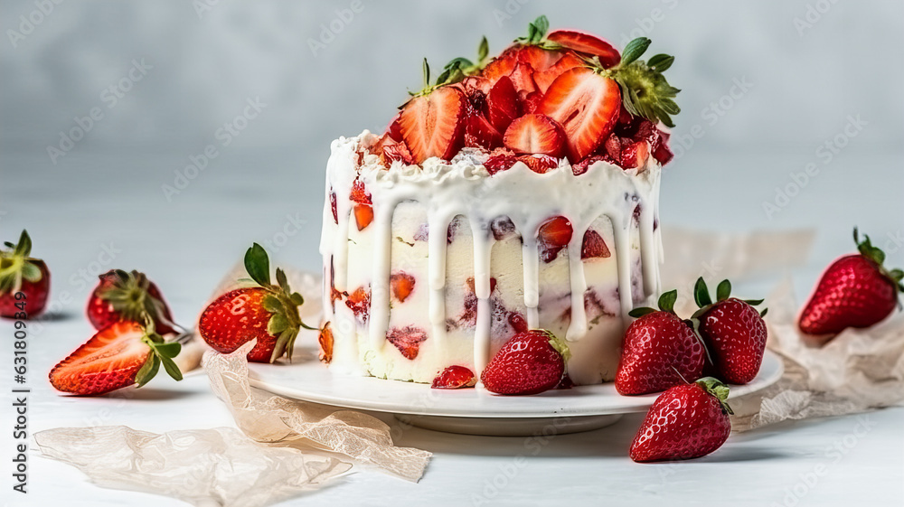 Strawberry cake with wrapped cream and fresh strawberries on a grey background. Generative AI technology.