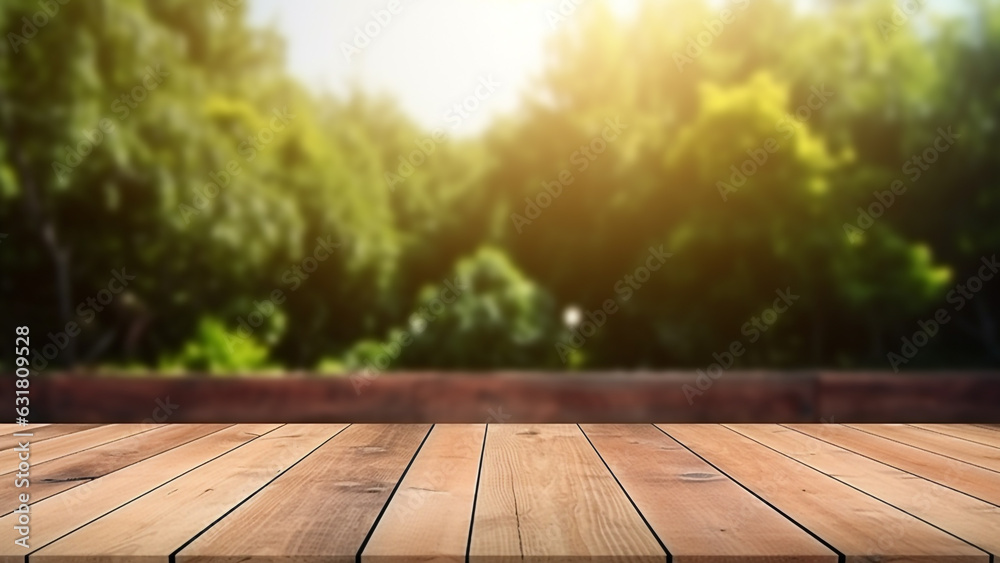 Empty wooden table with daytime home garden background, for product display