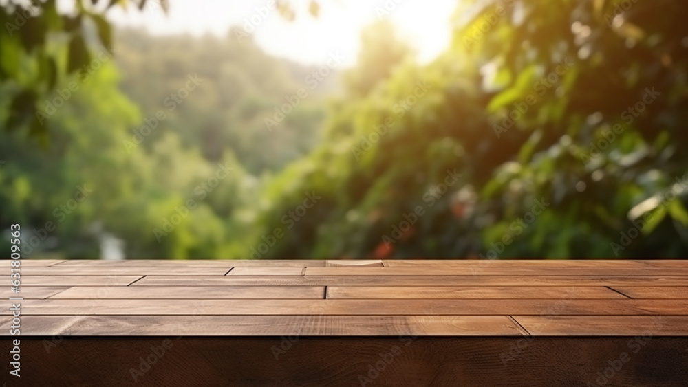 Empty wooden table with daytime home garden background, for product display Empty wooden table with daytime home garden background, for product display
