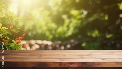 Empty wooden table with daytime home garden background  for product display
