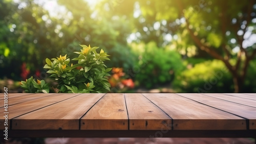 Empty wooden table with daytime home garden background, for product display