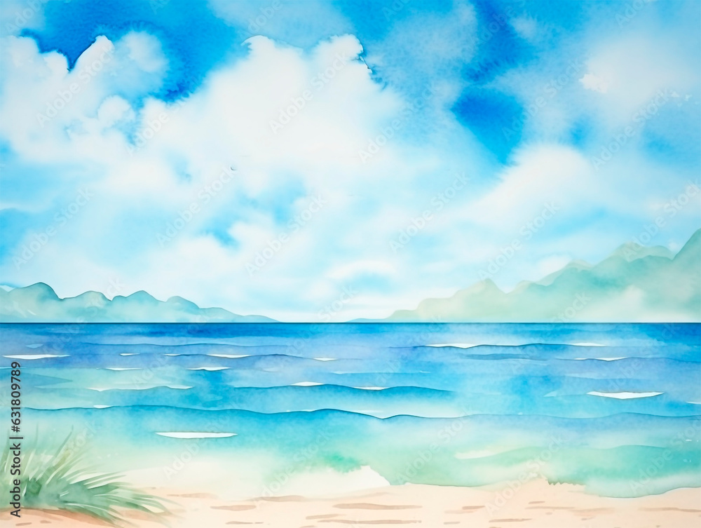summer seaside with blue sky and clouds in watercolor, generative AI