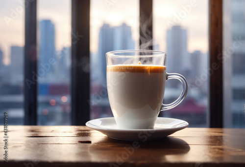 Cup of Warm Coffee with Steam on Wooden Table behind a Glass, City in Backgroound, Generative Ai