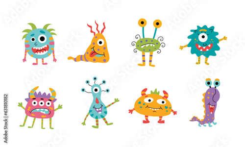 Set of cute colorful monsters isolated on white background. Microbes. For children's design. Vector stock illustration in flat style.