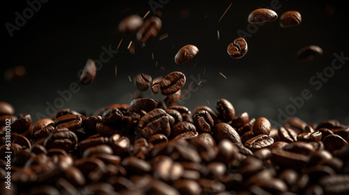 Close Up of Beans Action Shot on Black Background. Concept of Morning  Drink  Fast Dropping Coffee.