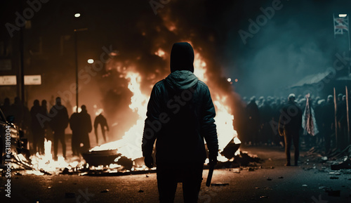 Silhouette of a Person Standing in Front of Car on Fire. Protest Demonstration Anarchist. Protestors. Standing Up for Right. Concept of Rights, Destruction, Riot, and Unrest.