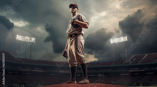 Baseball Pitcher Standing on the Mound of a Stadium About to Throw a Pitch. Thunderous Cloudy Day. Full Game With Lights. Concept of Play, Throw, Ball, and Pitch. photo