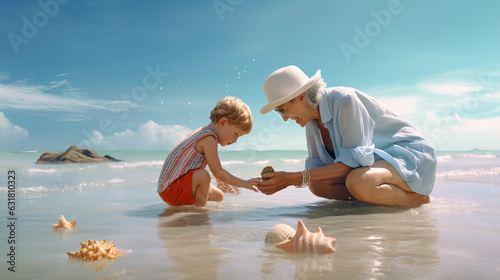 Grandmother and Grandchild in the Ocean Beach Looking at Sea Shells. Sunny Day. Concept of Happiness, Bonding, Exploring, Nature, Sand, Waves, and Shells. photo