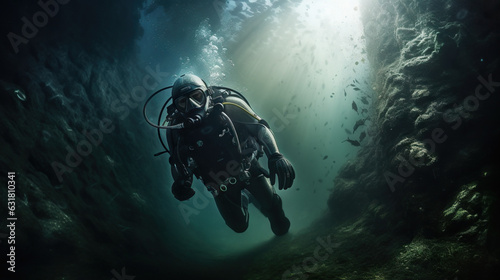 Deep Sea Scuba Diver Entering a Cave Entrance. Bubbles and Fish. Atlantic. Sunlight From Above. Concept of Adventure, Sports, Underwater, Respirator, and Breathing. © Lila Patel