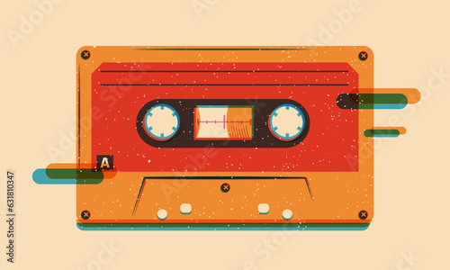 Retro musiccasette with retro colors eighties style, cassette tape, vector art deep space, mix tape retro cassette design, Music vintage and audio theme, Risograph Synthwave and vaporwave template.
