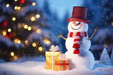 Happy snowman with gifts and christmas tree on snowvy for merry christmas celebration with blur background. 3D watercolor illustration background, Generative AI