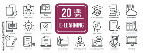 E-Learning thin line icons. Editable stroke. For website marketing design, logo, app, template, ui, etc. Vector illustration.