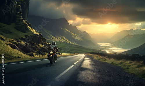 Person riding a bike in rural landscape at sunset, country road, lake and mountains in background