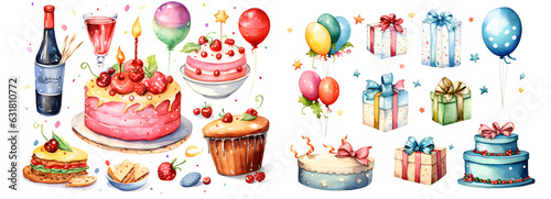 Set of cute Happy New Year elements and objects for party and celebration on white background. Watercolor illustration background, Generative AI