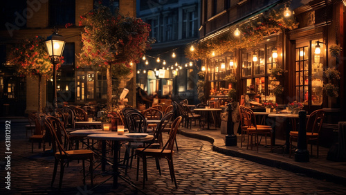 European alley cafe scene in the evening