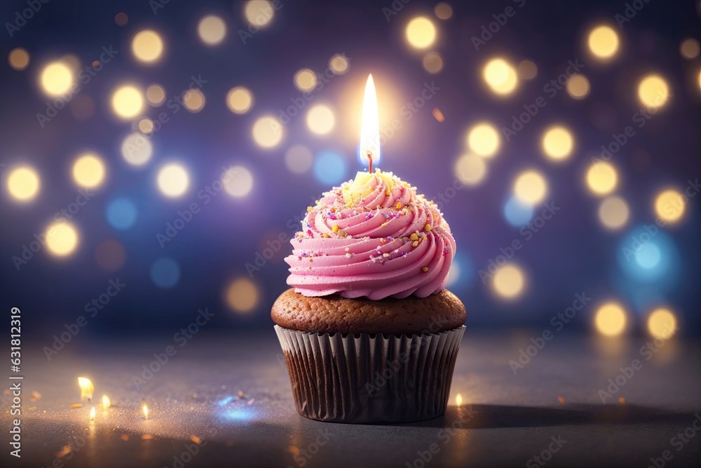 Birthday cupcake with candle on blure background Birthday cupcake with candle on blure background