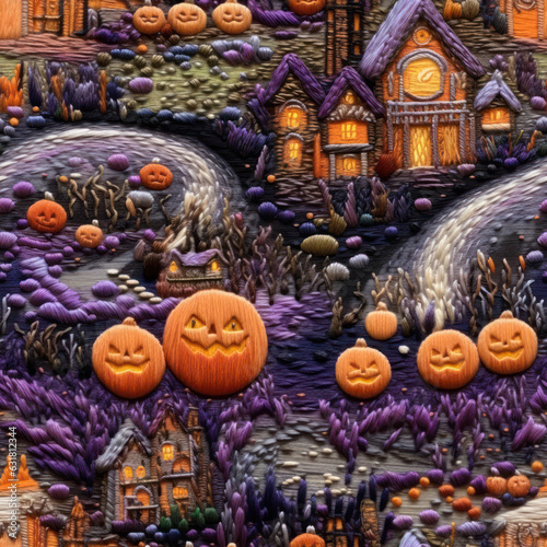Halloween seamless pattern with pumpkins and house, Faux Embroidery texture Halloween background in orange, purple and black colors, unique fall fabric graphic design