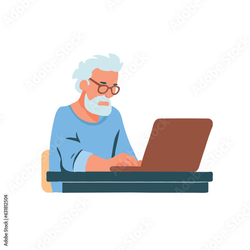 Experience the timeless allure of technology with this captivating illustration of an old man typing at a laptop. Age and innovation unite.