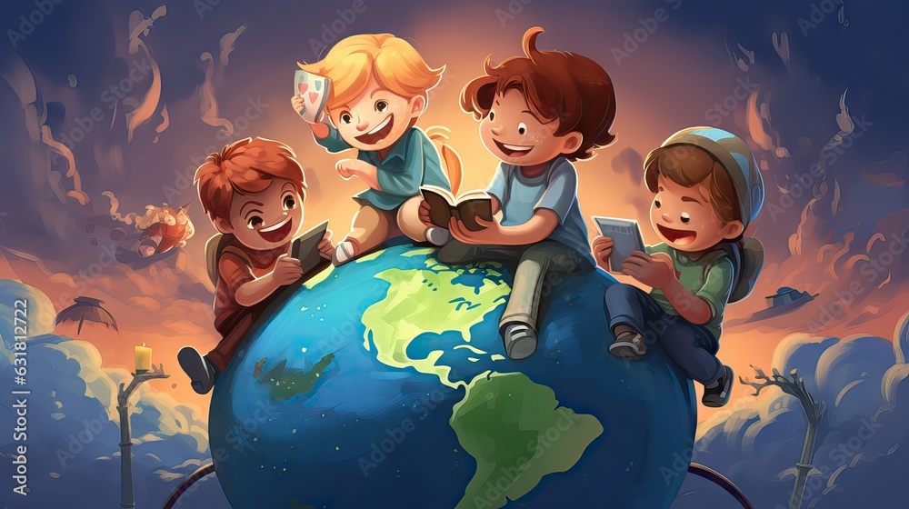 Children gleefully interacting with a globe, embodying their innate curiosity to explore the world and delve into science. Generative AI - obrazy, fototapety, plakaty 