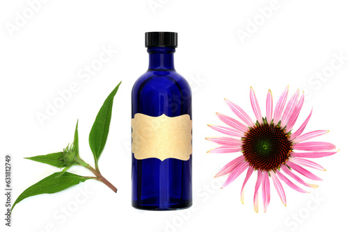 Natural echinacea for coughs colds and bronchitis. Alternative healing remedies with blue bottle, flower head and leaf spring on white background. Herbal medicine composition.