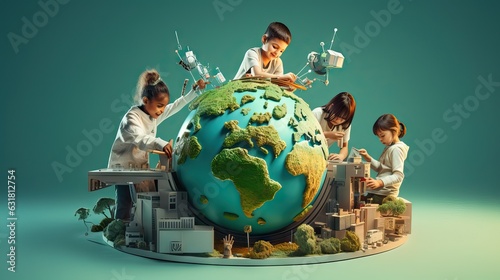 Fototapeta Naklejka Na Ścianę i Meble -  Children gleefully interacting with a globe, embodying their innate curiosity to explore the world and delve into science. Generative AI