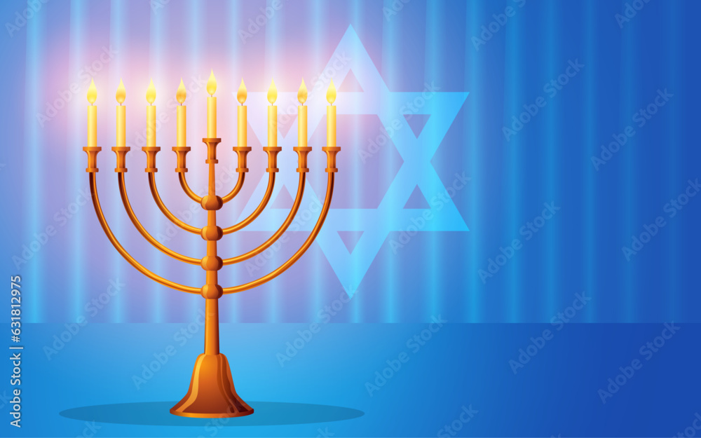 Vector illustration of menorah a traditional candelabra on blue curtain background, perfect for Jewish religious occasions, like Hanukkah, Yom Kippur, and Rosh Hashanah Vector illustration of menorah a traditional candelabra on blue curtain background, perfect for Jewish religious occasions, like Hanukkah, Yom Kippur, and Rosh Hashanah