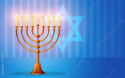 Vector illustration of menorah a traditional candelabra on blue curtain background, perfect for Jewish religious occasions, like Hanukkah, Yom Kippur, and Rosh Hashanah
