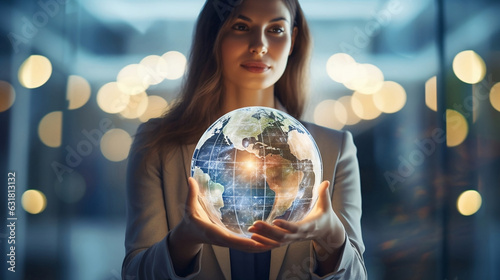 Determined Businesswoman Cradling a Transparent Globe  Symbol of Global Commerce And Networking. Generative Ai. 
