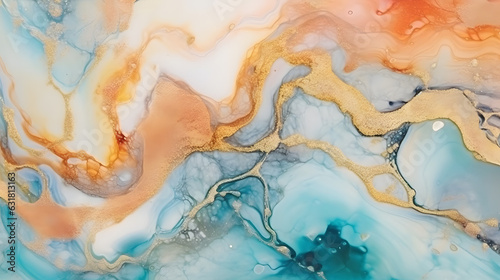 Generative AI : Closeup of Teal and Coral abstract marble texture, trendy wallpaper. Art for design project as background for invitation or greeting cards, flyer, poster, presentation, banner