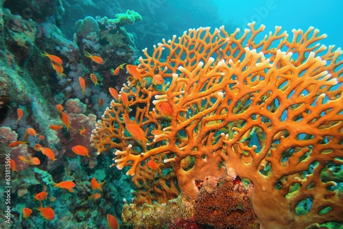 Fototapeta Naklejka Na Ścianę i Meble -  Beautiful underwater scene with Fire Coral (Millepora)  and coral fish Anthias