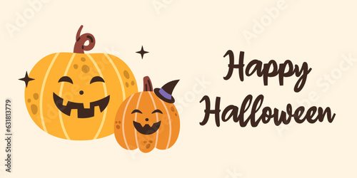 Happy Halloween banner or poster with pumpkins. Party invitation background with cute halloween pumpkins in flat design. Trick or treat. Scary and spooky night. Poster or banner template.