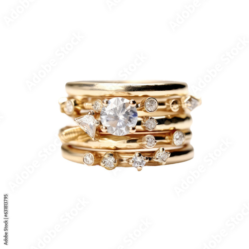 Stacked diamond rings in various gold tones on a transparent backround.