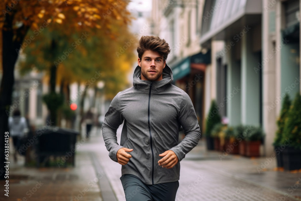 Unrecognizable young man in gray sweatshirt running in town, main street