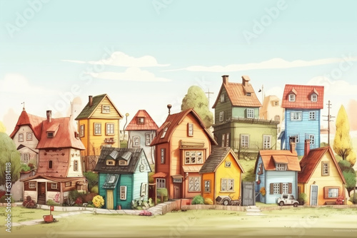 Cartoon houses in the city. Digital illustration. 3d rendering