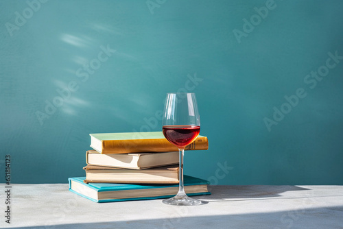 a glass of wine and a pile of books, isolated on a blue concrete wall, created with generative ai