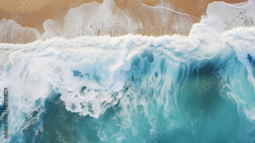Aerial view of a majestic ocean wave crashing with dynamic force, capturing the vivid blues and whites of the sea in a spectacular natural display. Generative Ai. 