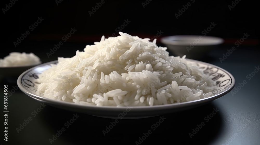 Cooked white rice on a plate isolated on dark background. Close Up view. Generative AI Cooked white rice on a plate isolated on dark background. Close Up view. Generative AI