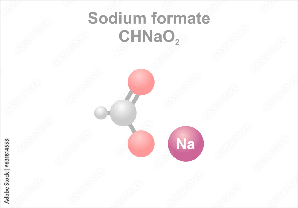 Sodium formate. Simplified scheme of the molecule. Use as food additive as buffering agent and as a deicing agent. Sodium formate. Simplified scheme of the molecule. Use as food additive as buffering agent and as a deicing agent.