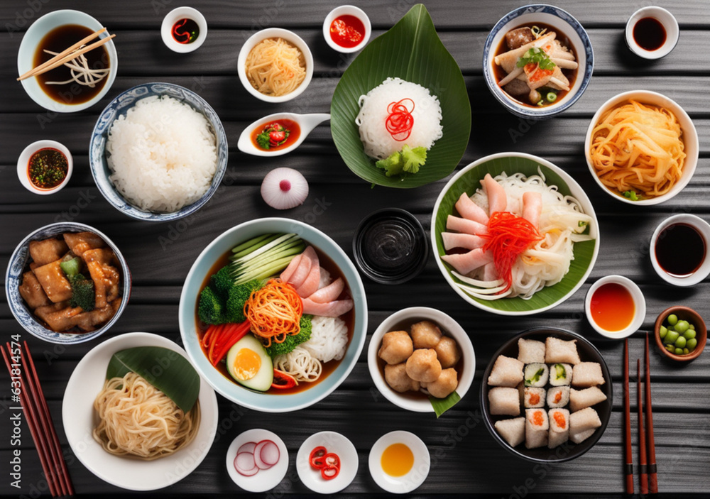 Arrangement of assorted Asian dishes in bowls, captured from top Arrangement of assorted Asian dishes in bowls, captured from top