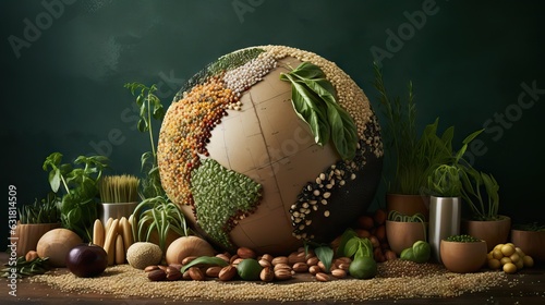 A meticulously crafted planet, formed from a variety of fundamental agricultural seeds and crops, symbolizing the essence of global sustenance and nutrition. Generative AI