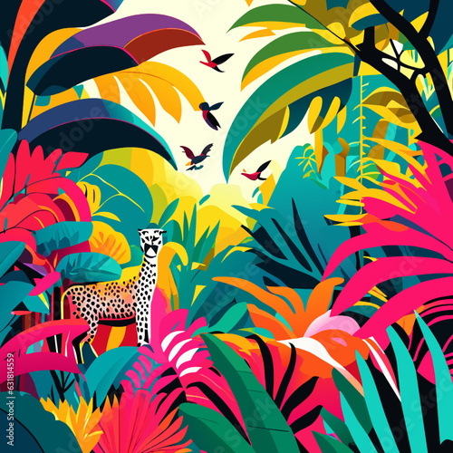 Seamless pattern with wild animals and tropical plants. Vector illustration